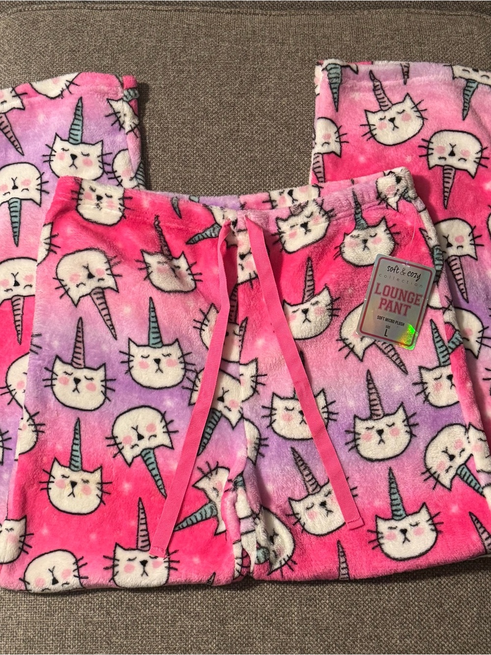 NWT Kids Pink Unicorn Cat Plush Lounge Pajama Pants Size L Girls